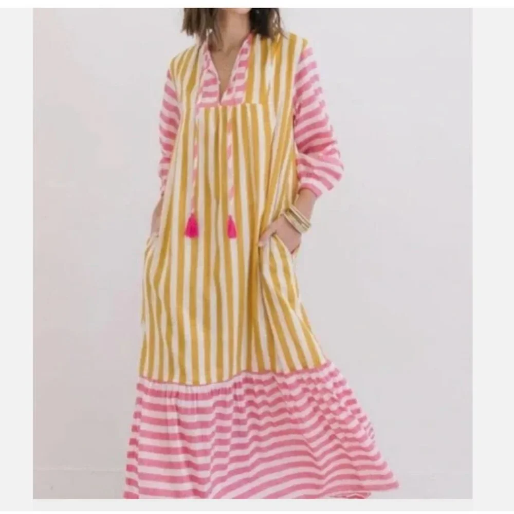 SUNSHINE TIENDA MUSTARD & PINK STRIPED COPA W/ POCKETS DRESS M/L *SMALL FLAW - Picture 1 of 14